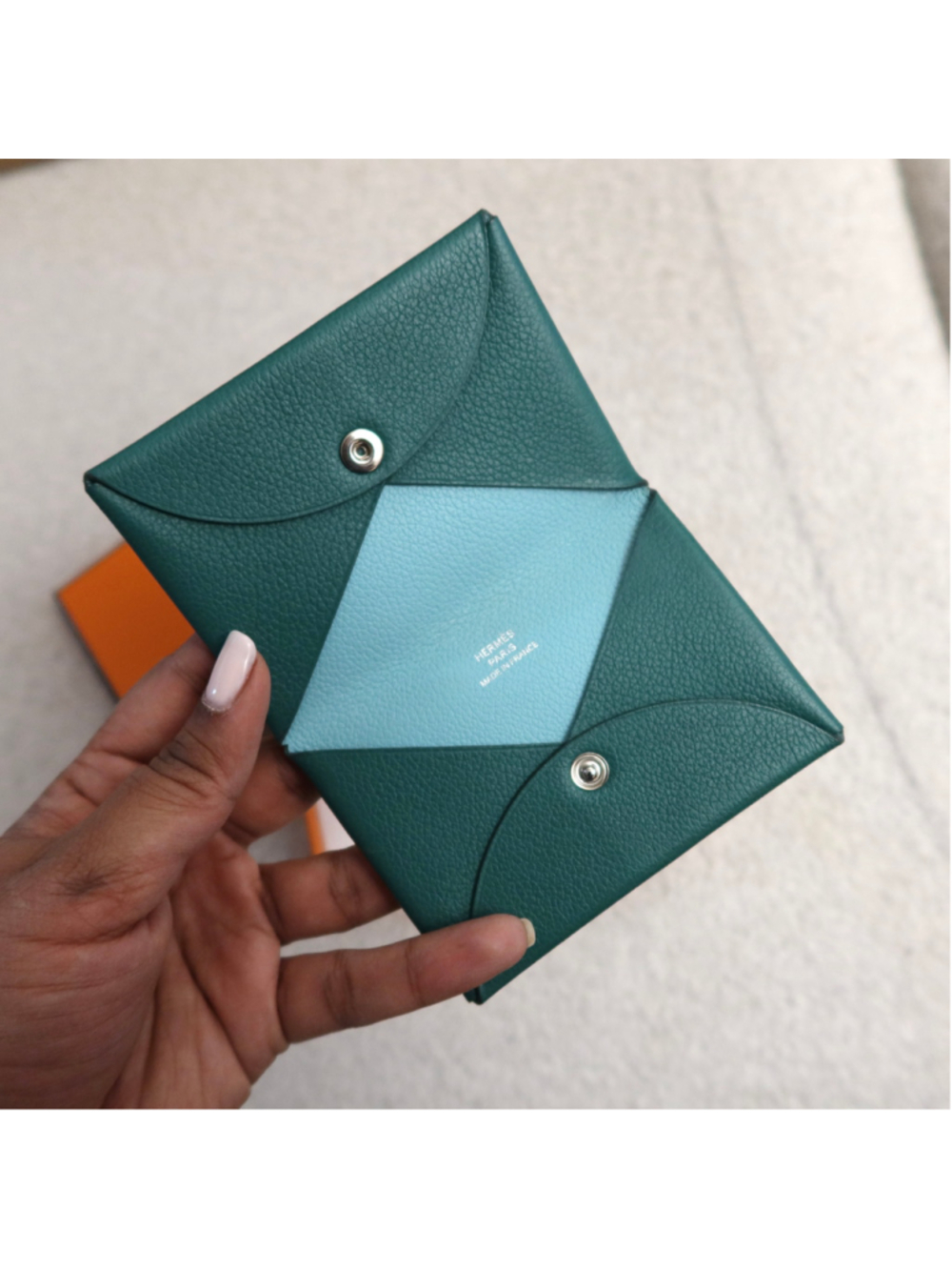 Hermes Calvi Card Case Green Blue EXCELLENT - Picture 4 of 10